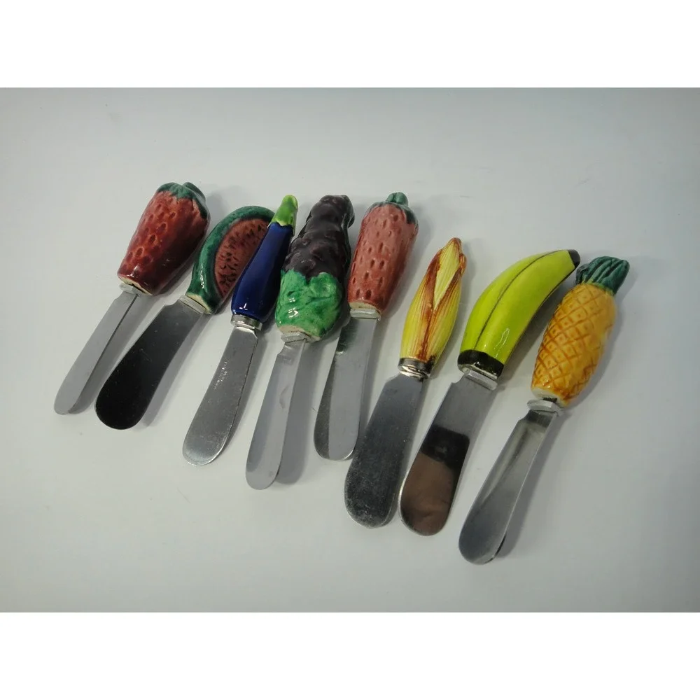 Vintage Fruit Vegetable Ceramic Handle Cheese Spreader Set 8pc Stainless Japan